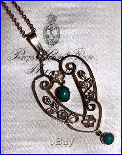 Art Nouveau 9 ct gold seed pearl & turquoise pendent on chain antique floral