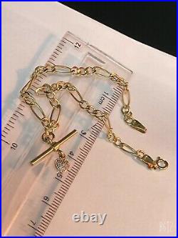 Beautiful 9ct Italy Gold Diamond Bracelet Figaro Chain Love Heart 7