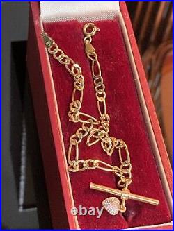 Beautiful 9ct Italy Gold Diamond Bracelet Figaro Chain Love Heart 7