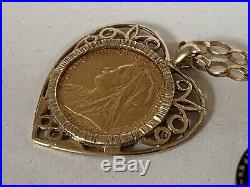 Beautiful Victorian Full Sovereign Heart Shape Pendant Mount & 9ct Gold Chain