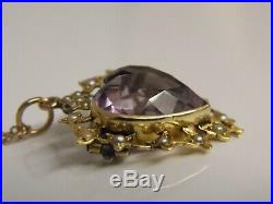 EXQUISITE ANTIQUE 9ct GOLD HEART SHAPED AMETHYST SEED PEARL PENDANT CHAIN BROOCH