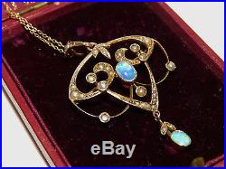 Early 20 Century 9ct Gold Cabochon Opal & Split Pearl Pendant Broch & Chain