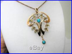 Edwardian 9ct Gold Natural Turquoise & Pearl Lavaliere Pendant & Chain