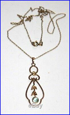 Edwardian aquamarine & seed pearl 9 ct gold pendant on yellow metal chain
