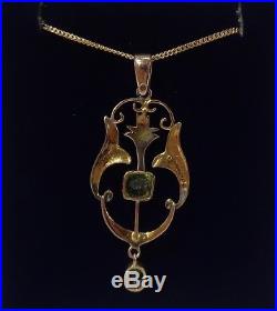Edwardian c. 1907 Peridot and Seed Pearl Pendant 50mm x 20mm 9ct Gold & Chain