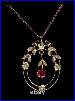Edwardian pink stone & seed pearl 9 ct gold pendant on gold chain