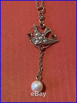Fine, Antique 9ct gold swallow Bird, Seed Pearl Ruby pendant Chain Cultured Pearl