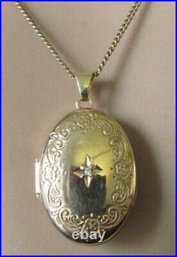Gold Diamond Necklace 9ct Gold Diamond Patterned Oval Locket & 9ct Gold Chain