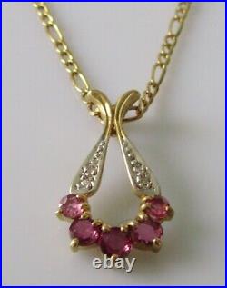 Gold Diamond Necklace 9ct Yellow Gold Ruby Diamond Pendant & Gold Figaro Chain