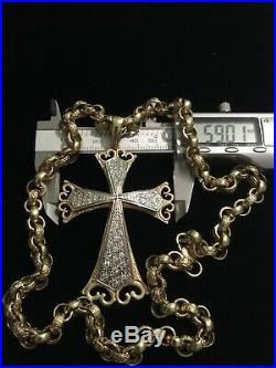 Heavy 9ct Gold 24 Belcher Chain & 9ct Cross Pendant 36 Set Diamonds 130gs