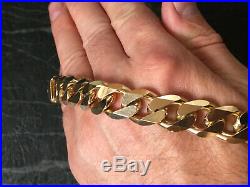 Heavy Vintage Men's Gents Solid 9Ct Gold Flat Curb Link Chain Bracelet, 92.2g