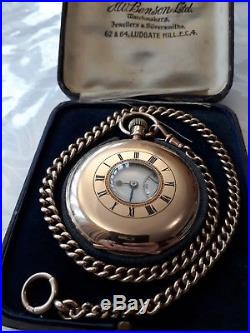 JW Benson 9ct Solid Gold Half Hunter Pocket Watch 1925 VGC+ 9ct Gold chain +Box