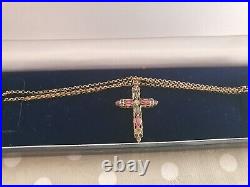 Ladies 9ct Gold Ruby And Blue & Green Sapphires Double Sided Cross and Chain