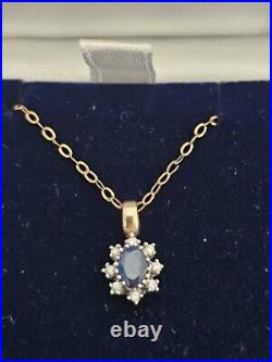 Pretty 9ct Gold Sapphire And Diamond Cluster Pendant with 9ct Gold Chain