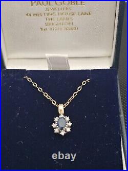 Pretty 9ct Gold Sapphire And Diamond Cluster Pendant with 9ct Gold Chain