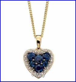 Sapphire and Diamond Heart Pendant 9ct Yellow Gold Hallmarked With Chain