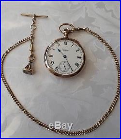 Solid 9ct Gold Waltham Bartlett Pocket Watch 1922 WITH 9ct Gold watch chain+ Fob