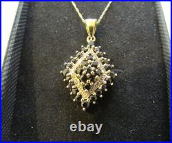 Stunning 9ct Gold Lozenge Form Sapphire & Diamond Pendant On Fine 9ct Gold Chain