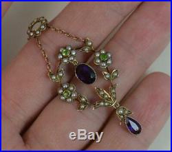Suffragette Amethyst Seed Pearl & Peridot 9ct Gold Pendant Necklace Chain d1958