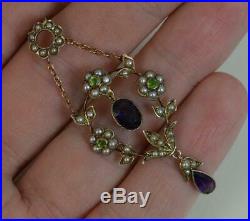 Suffragette Amethyst Seed Pearl & Peridot 9ct Gold Pendant Necklace Chain d1958