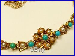 VERY RARE ANTIQUE 9ct GOLD TURQUOISE & PEARL FLOWER BRACELET CHAIN