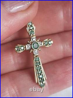 VINTAGE Natural Columbian Emerald & diamond 9ct cross pendant on 189ct chain