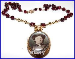 Victorian 9ct Gold Repousse Double Sided Locket Pendant On Garnet Chain Necklace