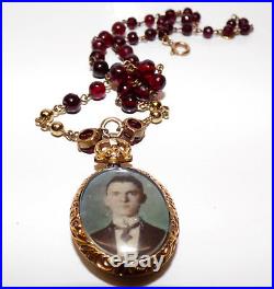 Victorian 9ct Gold Repousse Double Sided Locket Pendant On Garnet Chain Necklace