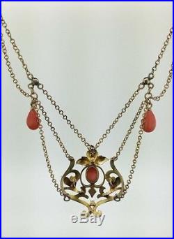 Victorian Art Nouveau Coral Seed Pearls Diamond 9ct Gold Chain Necklace c1890 UK