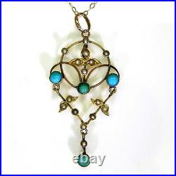 Victorian Turquoise & Pearl 9ct Yellow Gold Lavaliere Necklace Pendant Chain