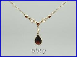Vintage 9ct 9k yellow gold garnet and pearl pendant necklace 16'' sparkly chain
