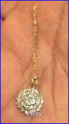 Vintage 9ct Gold Diamond Pendant 0.50ct Daisy Cluster Necklace Chain