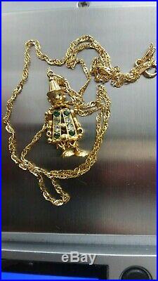 Vintage 9ct Gold Moving Clown Pendant Charm & Chain and Coloured Stones