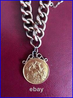 Vintage 9ct Rose Gold Charm Bracelet + hanging 22ct full sovereign coin