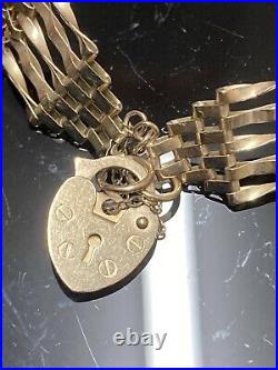 Vintage 9ct Solid Gold 5 Bar Gate Bracelet With Heart Padlock And Safety Chain