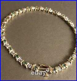 Vintage 9ct Yellow Gold Emerald Diamond Bracelet Cushion Cut Statement 6.5g