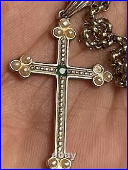 Vintage Large 9ct Gold Emerald & Seed Pearl Cross & 9ct Belcher Chain 9.33g