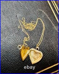 Womens Vintage Solid 9ct Yellow Gold Diamond Love Heart Locket / Chain Jewellery